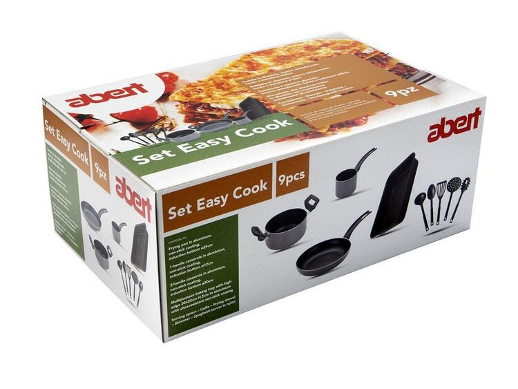 EASY SET CUCINA PENTOLE ACCIAIO INOX UTENSILI NYLON NERO PEZZI 9 