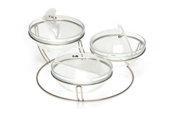 PORTA MUESLI PROFESSIONALE 3 CIOTOLE IN VETRO E COPERCHI 48X46X23 CM 