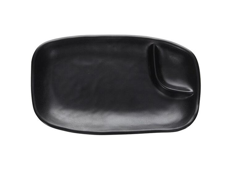 SHOW PLATE PIATTINO SUSHI RETTANGOLARE NERO IN MELAMINA CON PICCOLO COMPARTIMENTO PER SALSE O SOYA CM.19,5 H 3 CM. 