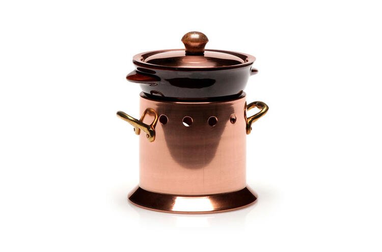 SCALDASUGO E SCALDA SALSE IN RAME CON CASSERUOLA IN TERRACOTTA